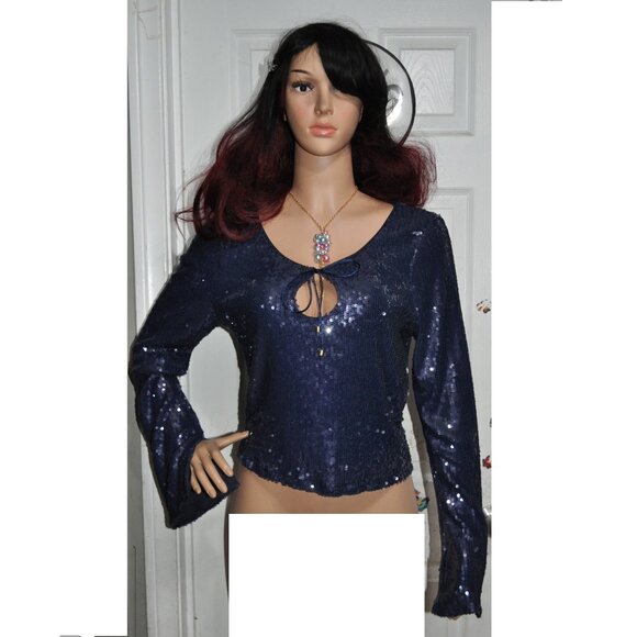Women's Bell Long Sleeve Sequin Holiday Top - Wild Fable Navy Blue Size Large - Picture 1 of 4